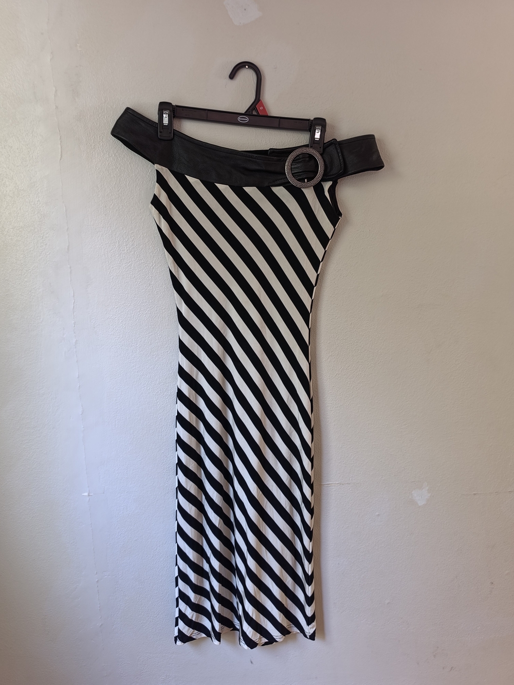 Black & White Striped Midi Dress With Belf Buckle Shoulder Accent